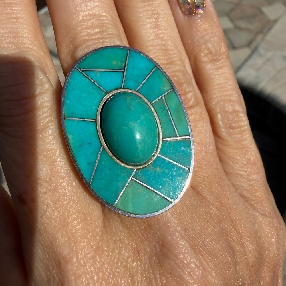 Jay King DRT 925 Silver Turquoise Inlay Statement Ring Sz 6.5 Oval Southwestern - Picture 3 of 13